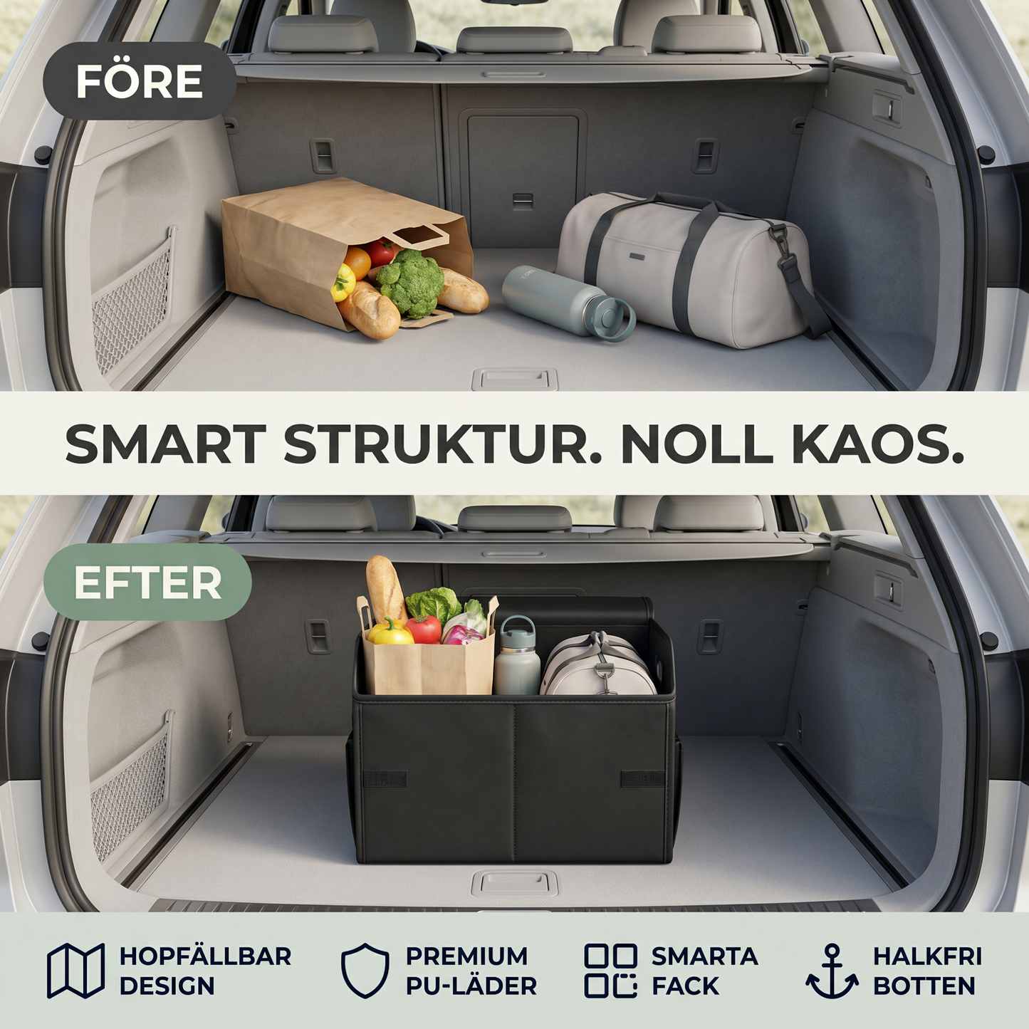 Hopfällbar bagageutrymmesorganizer