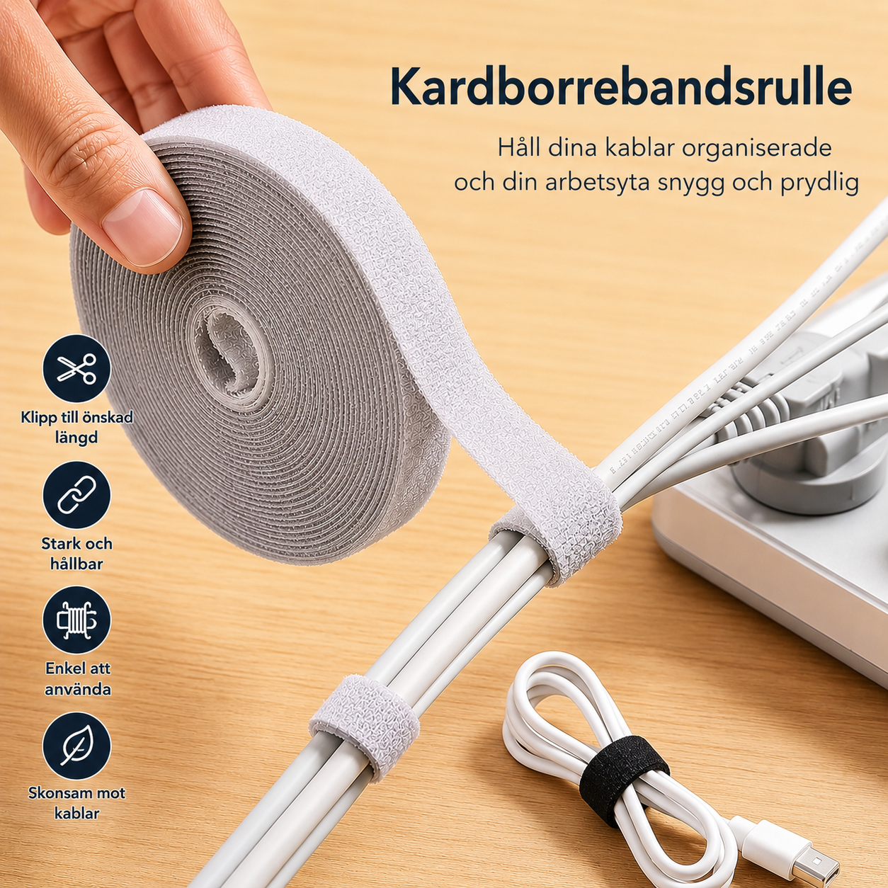 Kardborrebandsrulle för kabelhantering
