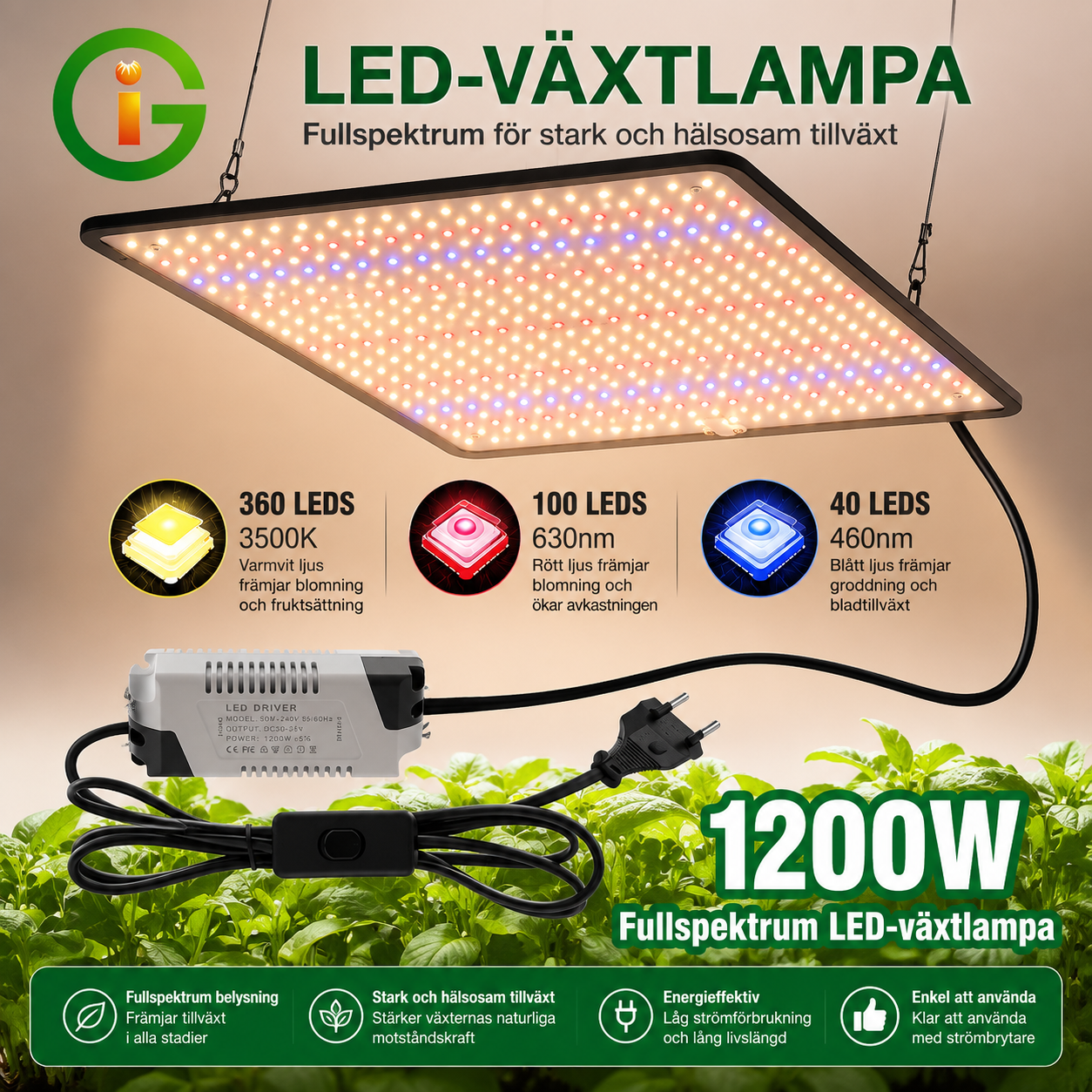 LED växtlampa full spektrum 40W