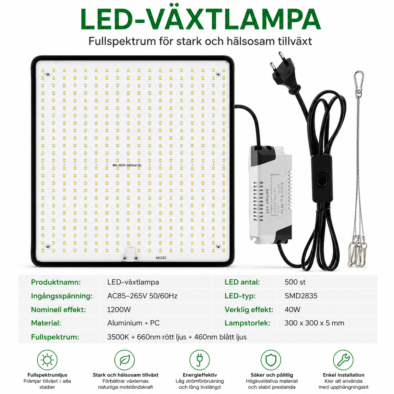 LED växtlampa full spektrum 40W