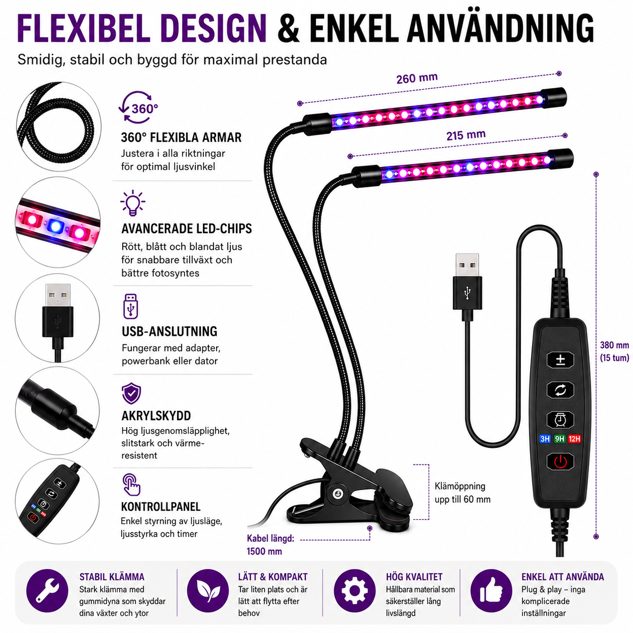 USB klämväxtlampa full spektrum